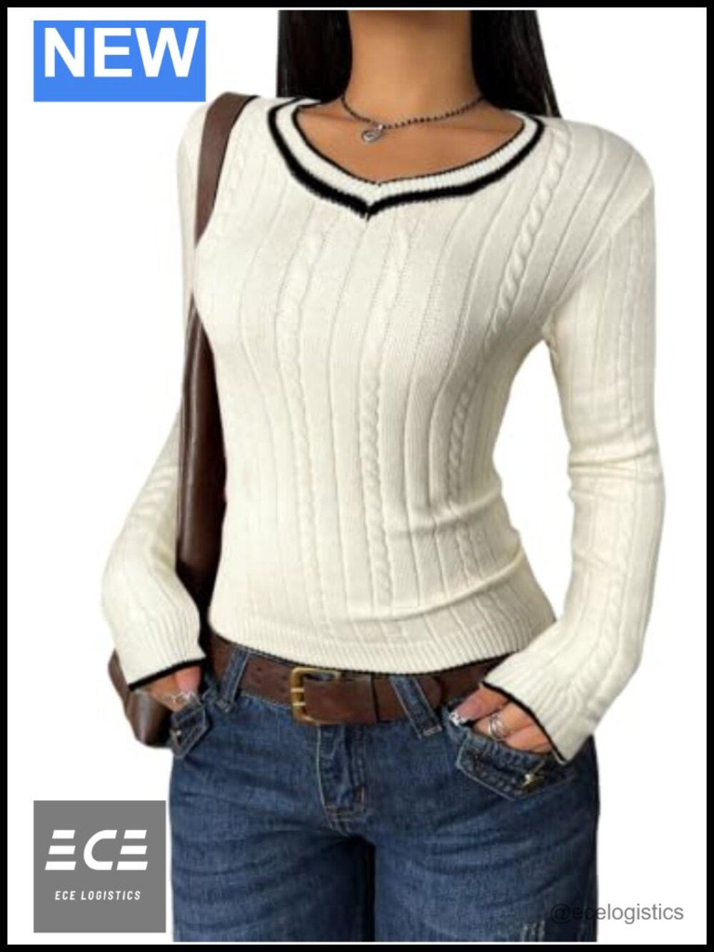 SISKIN Women's Slim Fit V-Neck Cable Knit Sweater Long Sleeve